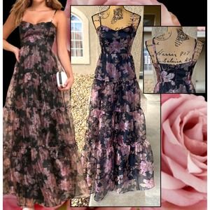 Lulus Black Floral Organza Tiered Exclusive Glamour Maxi Dress Size Varie